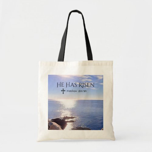 Photo of Ocean Christ has Risen Bible Verse Easter Tote Bag