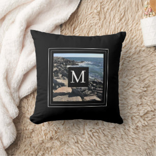 Photo of Ocean Waves and Rocks #1 Dad Blue Throw Pillow
