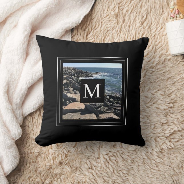 Photo of Ocean Waves and Rocks #1 Dad Blue Throw Pillow (Blanket)