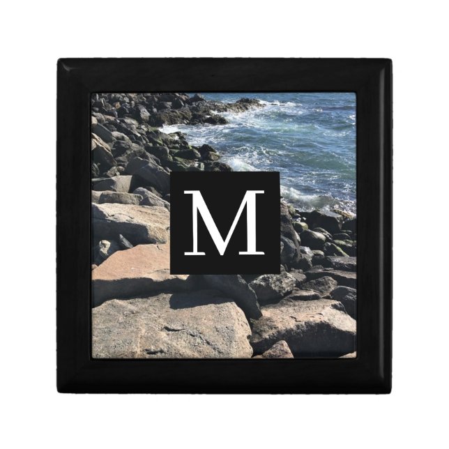 Photo of Ocean Waves and Rocks Initial Black Gift Box (Front)