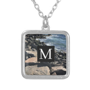 Photo of Ocean Waves and Rocks Initial Black Silver Plated Necklace
