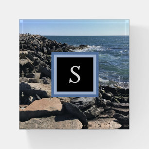 Photo of Ocean Waves and Rocks Initial Frame Black Paperweight