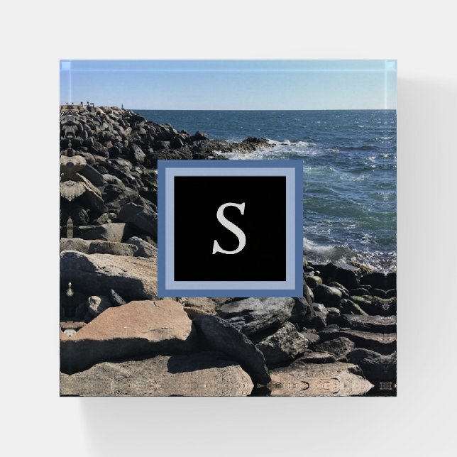 Photo of Ocean Waves and Rocks Initial Frame Black Paperweight (Front)