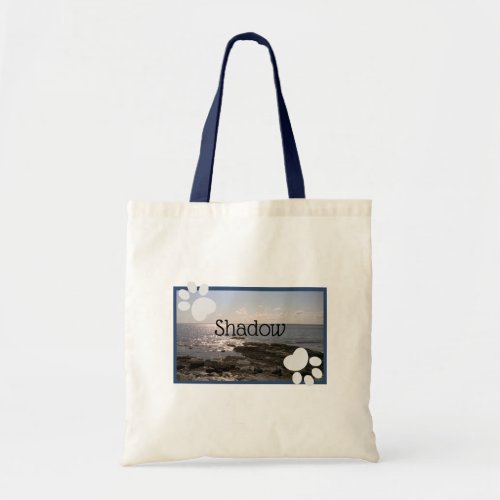 Photo of Ocean With Dog Paw Prints and Name Blue T Tote Bag