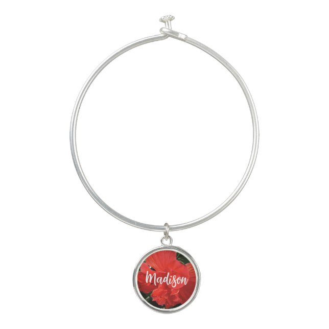 Photo of Orange Double Hibiscus Custom Name Bangle Bracelet (Front)
