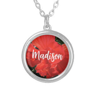 Photo of Orange Double Hibiscus Custom Name Silver Plated Necklace