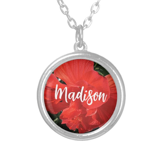 Photo of Orange Double Hibiscus Custom Name Silver Plated Necklace (Front)