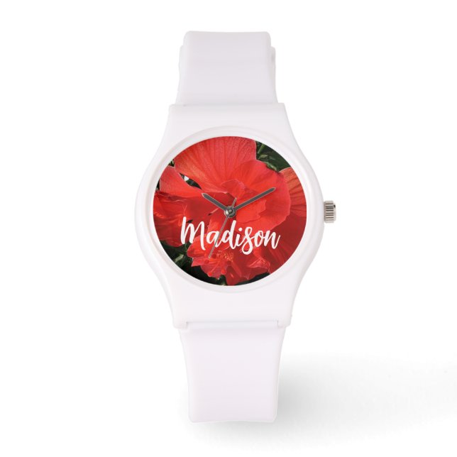 Photo of Orange Double Hibiscus Custom Name Watch (Front)