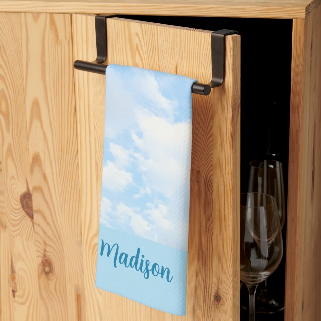 Photo of Peaceful Light Blue Sky Custom Name Kitchen Towel (Thirds Fold)