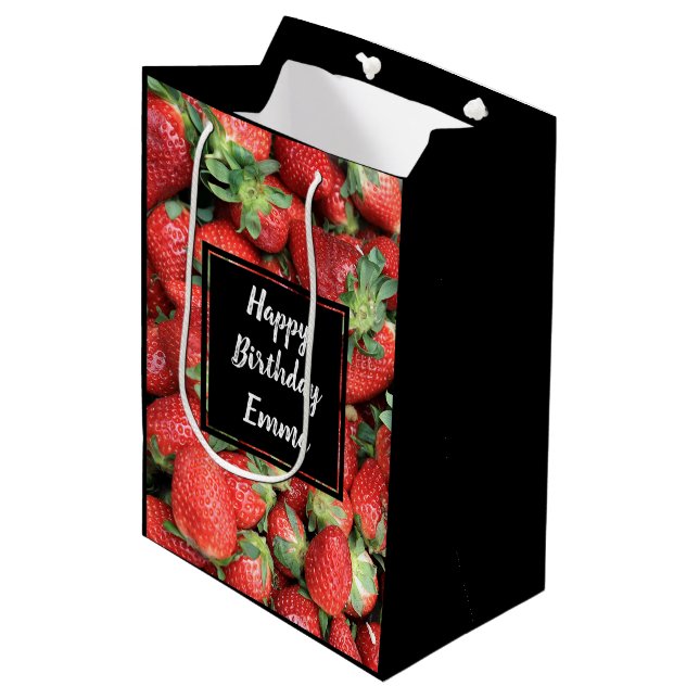 Photo of Red Juicy Strawberries Birthday Medium Gift Bag (Front Angled)