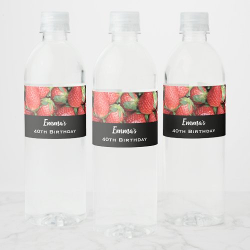 Photo of Red Juicy Strawberries Birthday Water Bottle Label