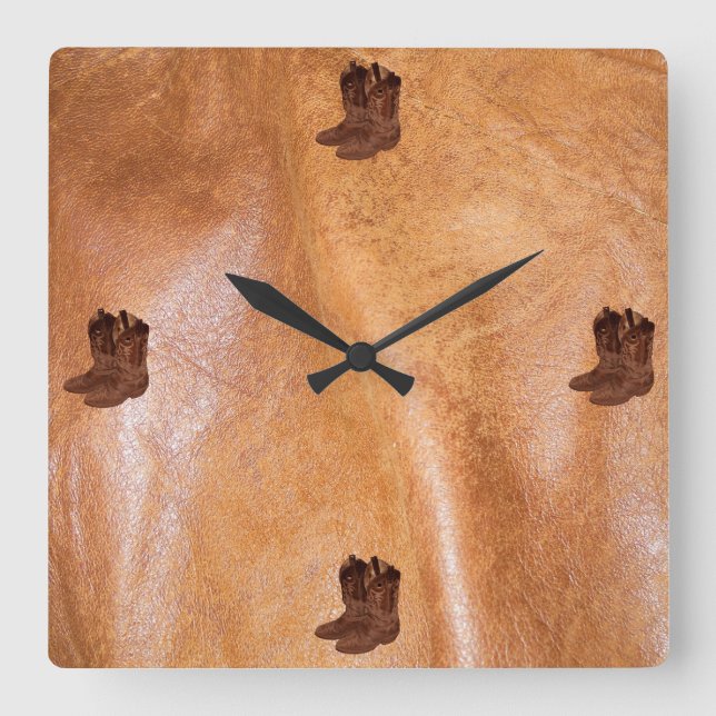 Photo of Rustic Tanned Leather & Real Cowboy Boots Square Wall Clock (Front)