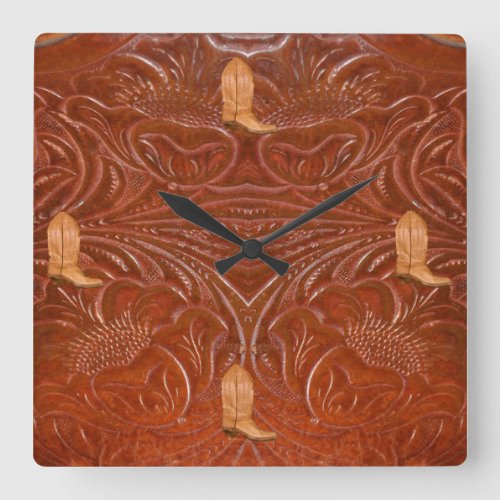 Photo of Rustic Tooled Leather_Look  Cowboy Boots Square Wall Clock