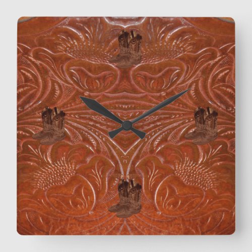 Photo of Rustic Tooled Leather_Look  Cowboy Boots Square Wall Clock