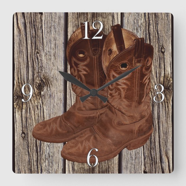 Photo of Rustic, Weathered Wood & Cowboy Boots Square Wall Clock (Front)