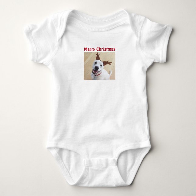 Photo of Smiling Dog Wearing Reindeer Antlers  Baby Bodysuit (Front)