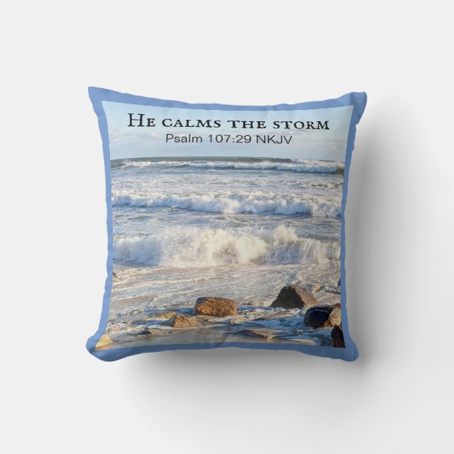 Photo of Stormy Sea He Calms the Storm Bible Verse Throw Pillow (Front)