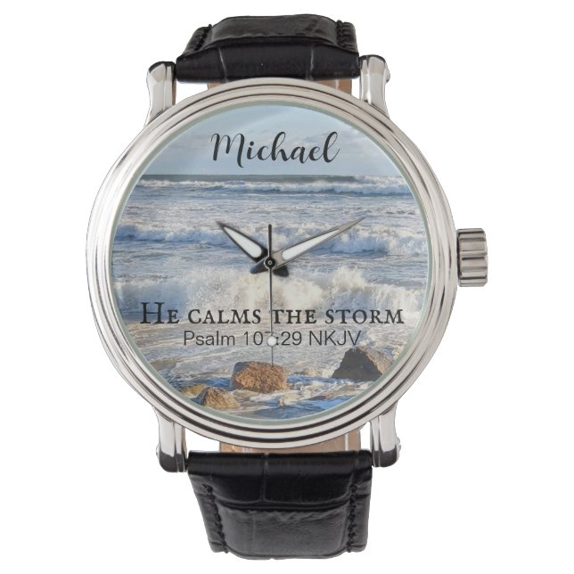 Photo of Stormy Sea He Calms the Storm Bible Verse Watch (Front)