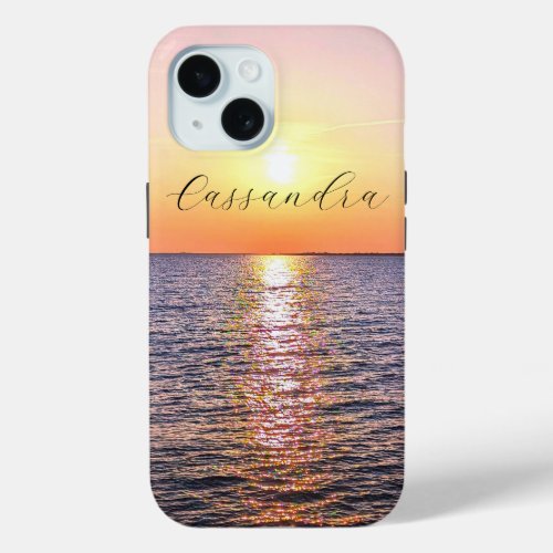 Photo of Sun and Ocean Golden Sunset Name iPhone 15 Case