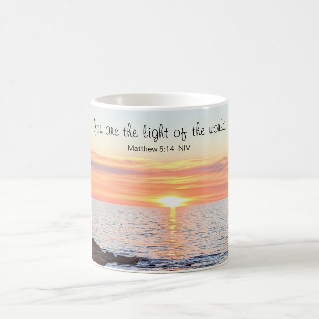 Photo of Sunset on Ocean Bible Verse Coffee Mug (Center)