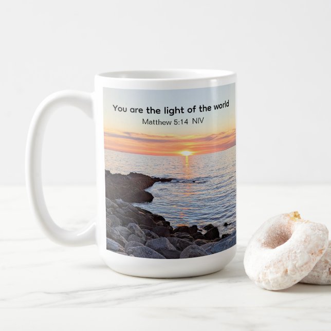 Photo of Sunset on Ocean Bible Verse Name Coffee Mug (With Donut)