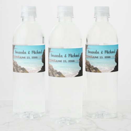 Photo of Tropical Island Coast  Sea Wedding Water Bottle Label