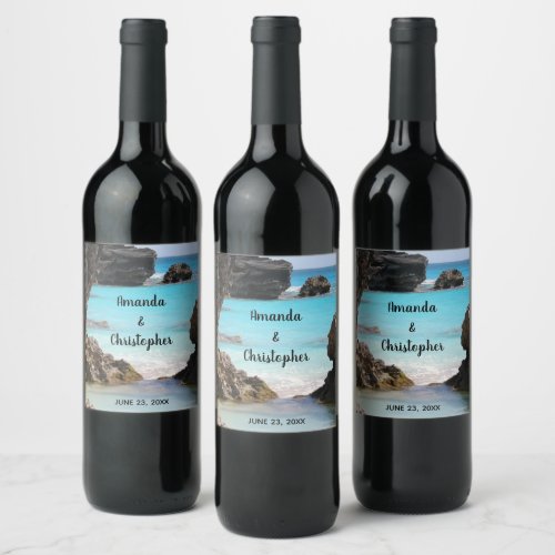 Photo of Tropical Island Coast  Sea Wedding Wine Label