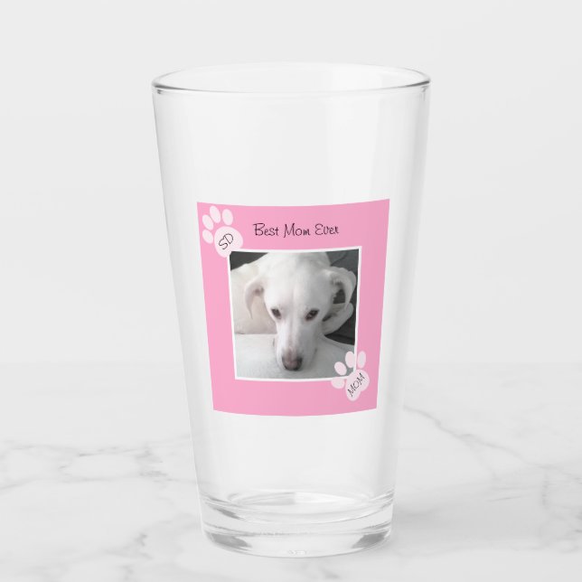 Photo of Unique Cute White Dog Monogram Pink Paws Glass (Front)