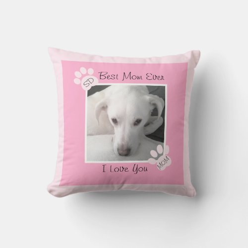 Photo of Unique Cute White Dog Monogram Pink Paws Throw Pillow