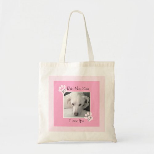 Photo of Unique Cute White Dog Monogram Pink Paws Tote Bag