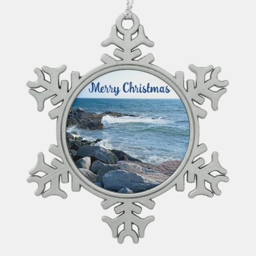 Photo of Wavy Atlantic Ocean Blue Snowflake Pewter Christmas Ornament