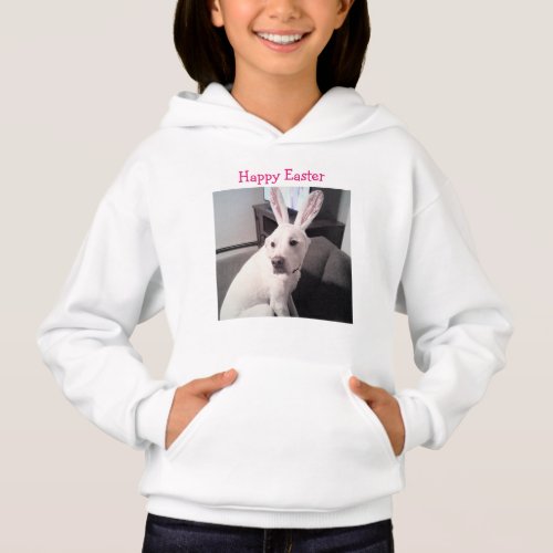 Photo of White Puppy Dog Wearing Easter Bunny Ears Hoodie