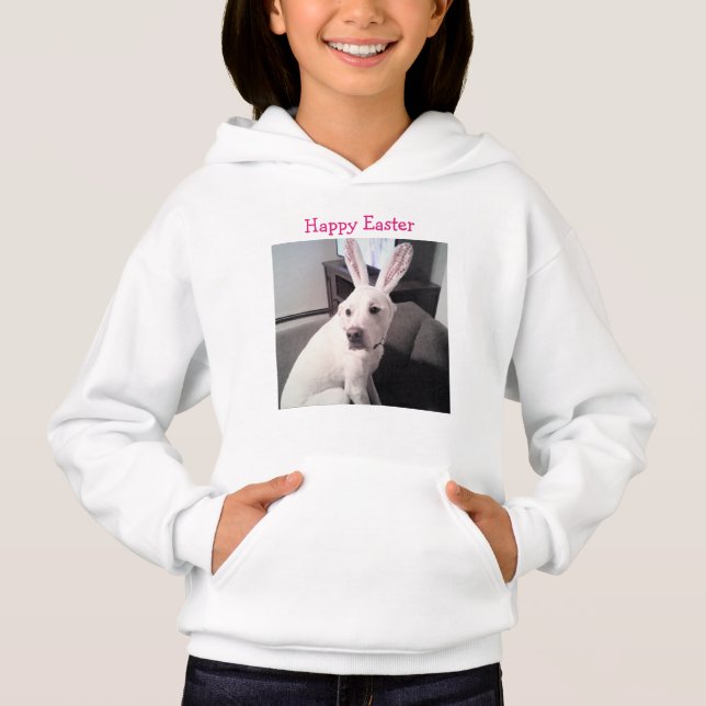 Photo of White Puppy Dog Wearing Easter Bunny Ears Hoodie (Front)