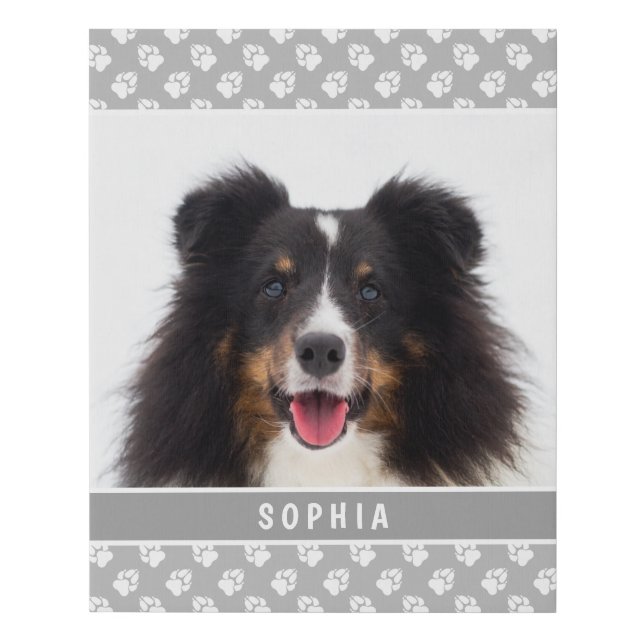 Photo Of Your Pet With Paws On Gray & Pet's Name Faux Canvas Print (Front)