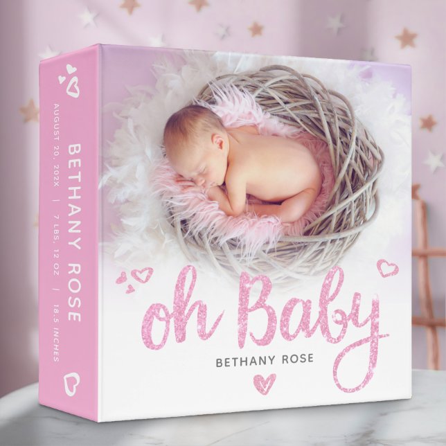 Photo “Oh Baby” Pink Girl Sweet Modern Keepsake 3 Ring Binder (Creator Uploaded)