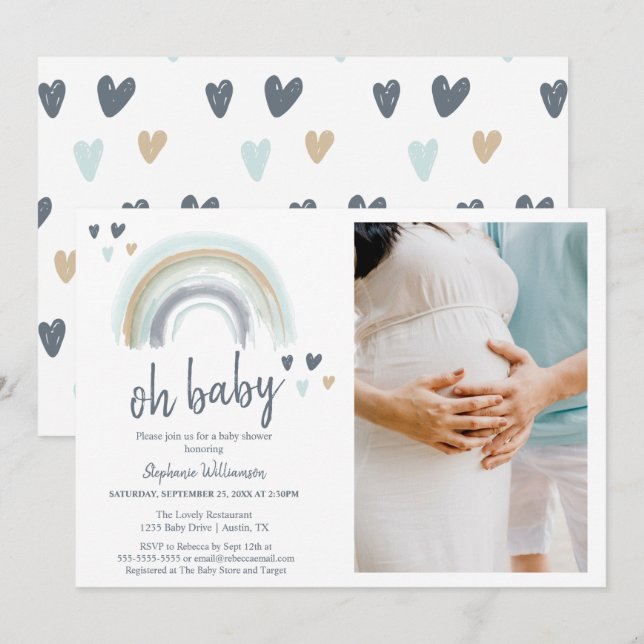  Photo Oh Baby Shower Blue Boho Rainbow  Invitation (Front/Back)