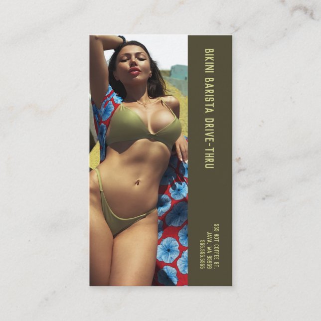 Photo Olive Bikini Barista Double Number Coffee Loyalty Card (Front)