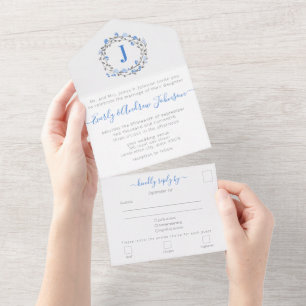 Photo on Back Blue Peony Wreath Simple Modern All  All In One Invitation