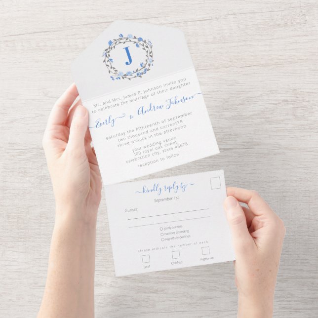 Photo on Back Blue Peony Wreath Simple Modern All In One Invitation (Tearaway)