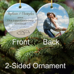 Photo On Back First Christmas Engaged Beach Hearts Ceramic Ornament<br><div class="desc">Add your favorite color photo on back! Celebrate your engagement while planning a beach wedding or honeymoon with this keepsake engagement ornament. Interlocking beach wedding hearts drawn in the sand makes an elegant tropical ocean coastal nautical theme wedding, matching set of items. Pretty turquoise water waves crashing on the shore...</div>