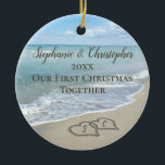 Photo on Back First Christmas Together Beach Ceramic Ornament<br><div class="desc">Add your ophoto on the back! Remember a beach wedding or honeymoon with this keepsake wedding ornament. First Christmas together with two interlocking beach wedding hearts drawn in the sand makes an elegant tropical ocean coastal nautical theme wedding, matching set of items. Pretty turquoise water waves crashing on the shore...</div>