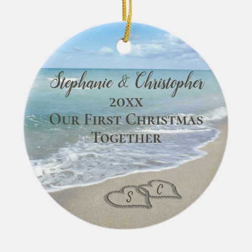 Photo on Back First Christmas Together Beach Ceramic Ornament
