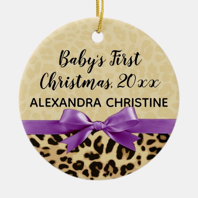 Photo on Back Girl Babys First Christmas Leopard Ceramic Ornament (Front)