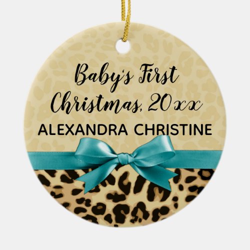 Photo on Back Girl Babys First Christmas Leopard Ceramic Ornament