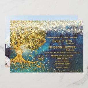 Photo on Back Grove Blue & Gold Fairy Lights Foil Invitation