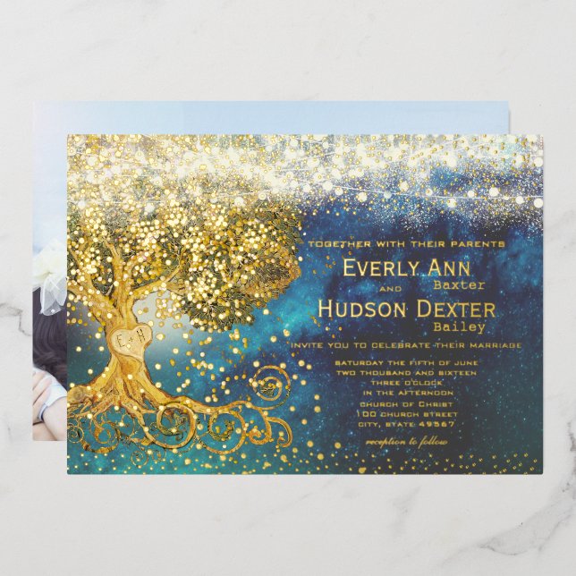 Photo on Back Grove Blue & Gold Fairy Lights Foil Invitation (Front/Back)