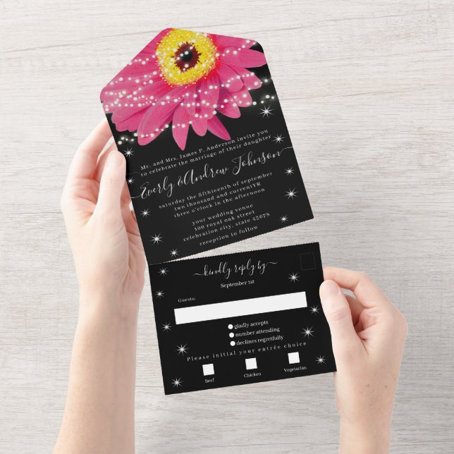 Photo on Back Pink Black Gerber Star String Light  All In One Invitation (Tearaway)