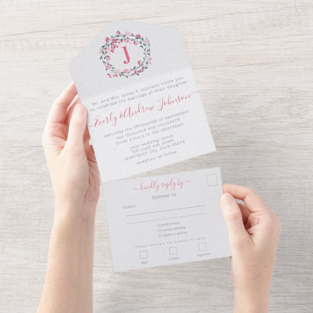 Photo on Back Pink Peony Wreath Simple Modern All  All In One Invitation (Tearaway)