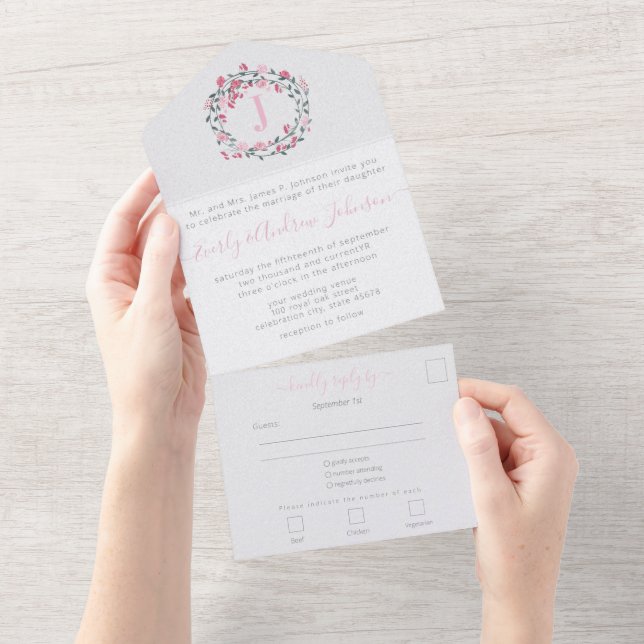 Photo on Back Pink Peony Wreath Simple Modern All In One Invitation (Tearaway)