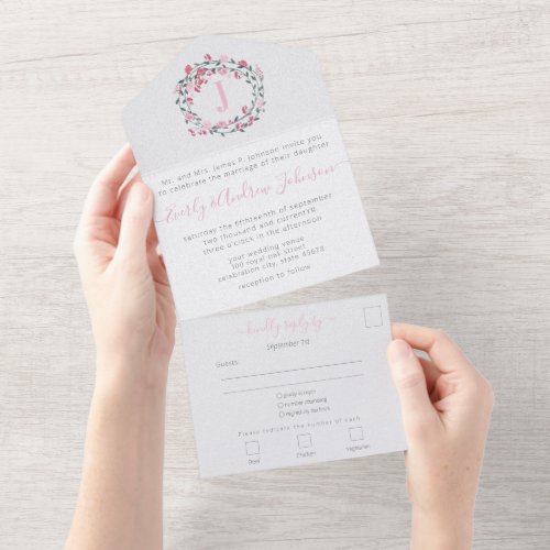 Photo on Back Pink Peony Wreath Simple Modern All In One Invitation